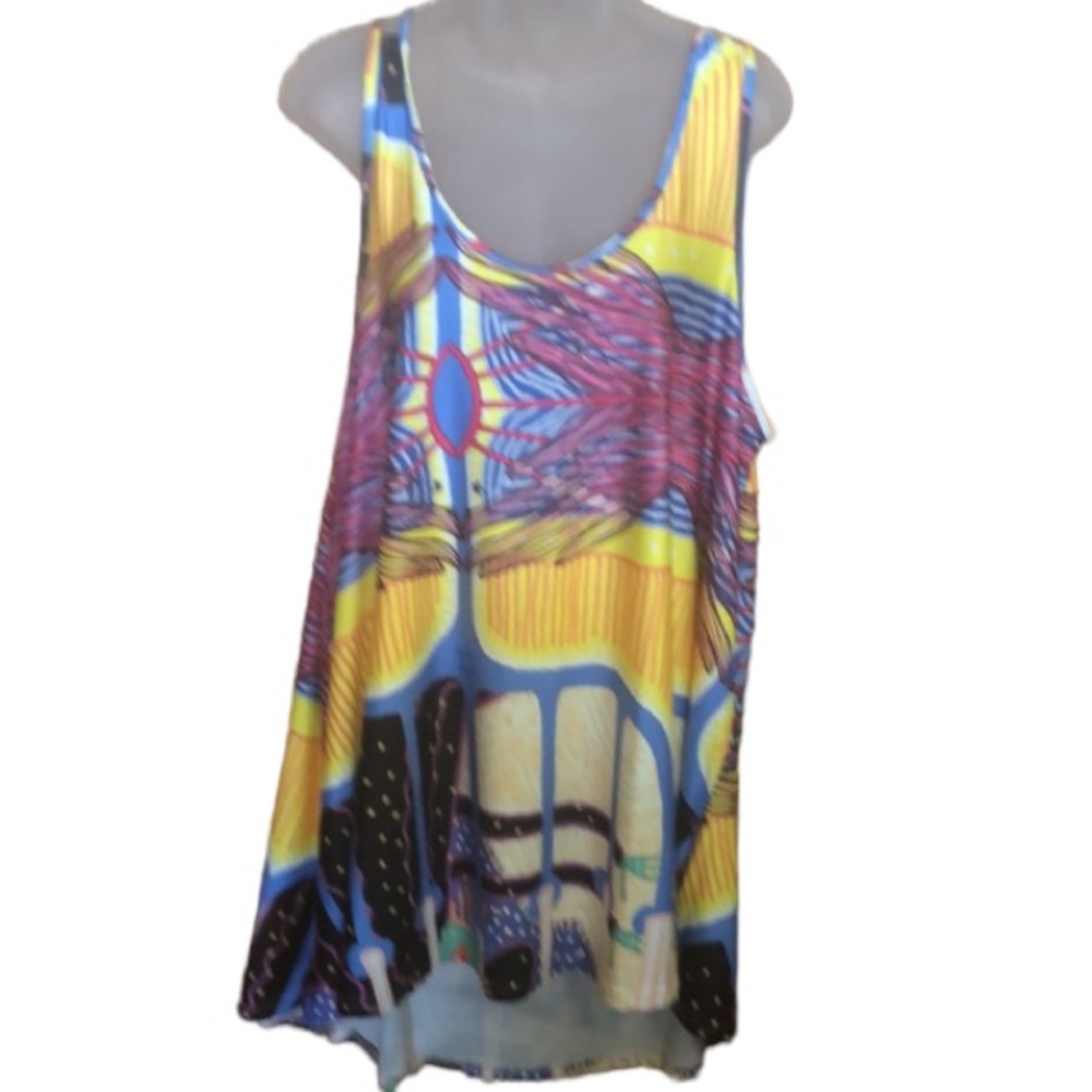 1X plus size tank top colorful high low sleeveless longer style colorful retro
